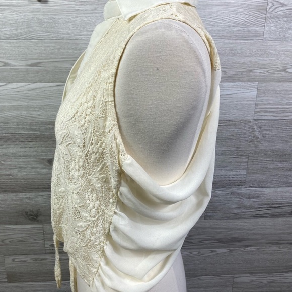 Cream Laced Tied Top Sheer Collared Medium Sleeveless - Picture 4 of 6